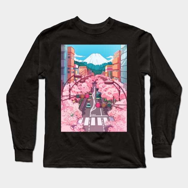 The Japanese Mount Fuji view and the pink spring in the city Long Sleeve T-Shirt by AnGo